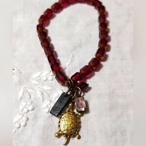 Fiva Beaded Bracelet with Brass Turtle. Preloved.